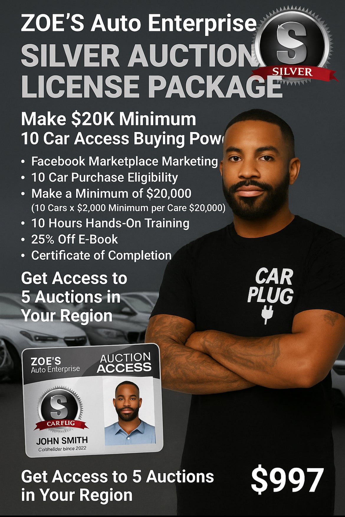 Silver Package Auction License. With 10 Car Buyers Power. Make $20K+ or more‼️ EXAMPLE: 10 Cars X $2,000 Minimum=$20K minimum