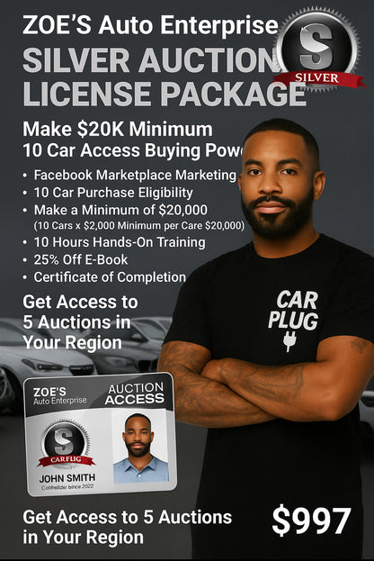 Silver Package Auction License. With 10 Car Buyers Power. Make $20K+ or more‼️ EXAMPLE: 10 Cars X $2,000 Minimum=$20K minimum