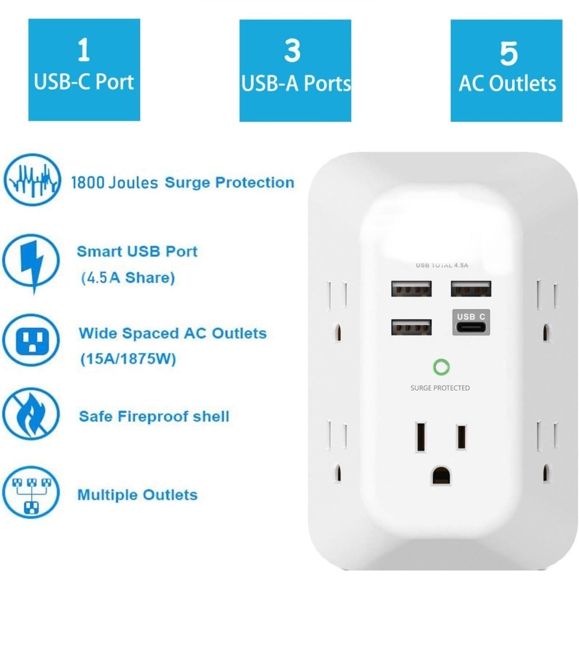 🪫🔌🔋USB Wall Charger Surge Protector 5 Outlet Extender with 4 USB Charging Ports (1 USB C Outlet) 3 Sided 1800J Power Multi Plug Outlets Wall Adapter/ Plugged In 🔌