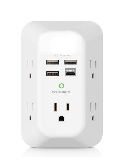 🪫🔌🔋USB Wall Charger Surge Protector 5 Outlet Extender with 4 USB Charging Ports (1 USB C Outlet) 3 Sided 1800J Power Multi Plug Outlets Wall Adapter/ Plugged In 🔌